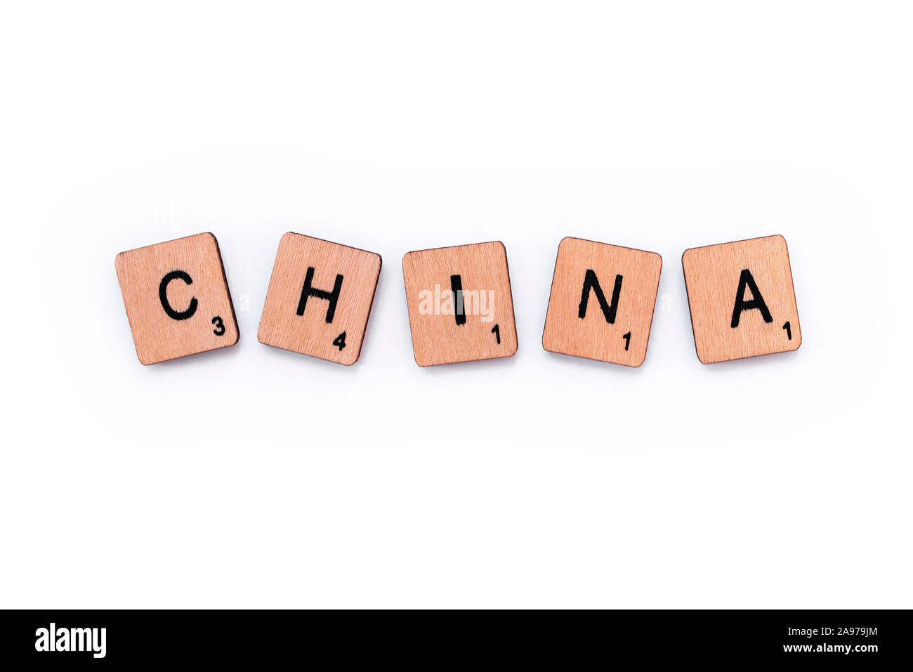 London, UK - June 16th 2019: The word CHINA, spelt with wooden letter tiles over a white background. Stock Photo