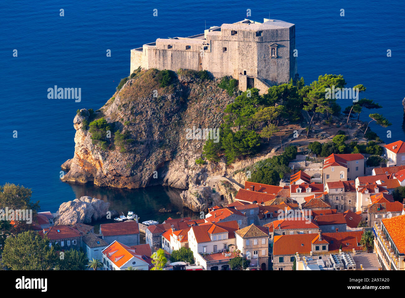Aerial closeup view of Fort Lovrijenac or St Lawrence Fortress, often called Dubrovnik s Gibraltar in the morning, Dubrovnik, Croatia Stock Photo