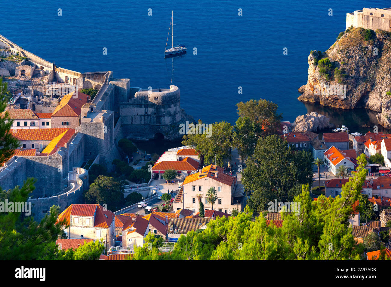Aerial view of city wall and fort in the morning, Dubrovnik, Croatia Stock Photo