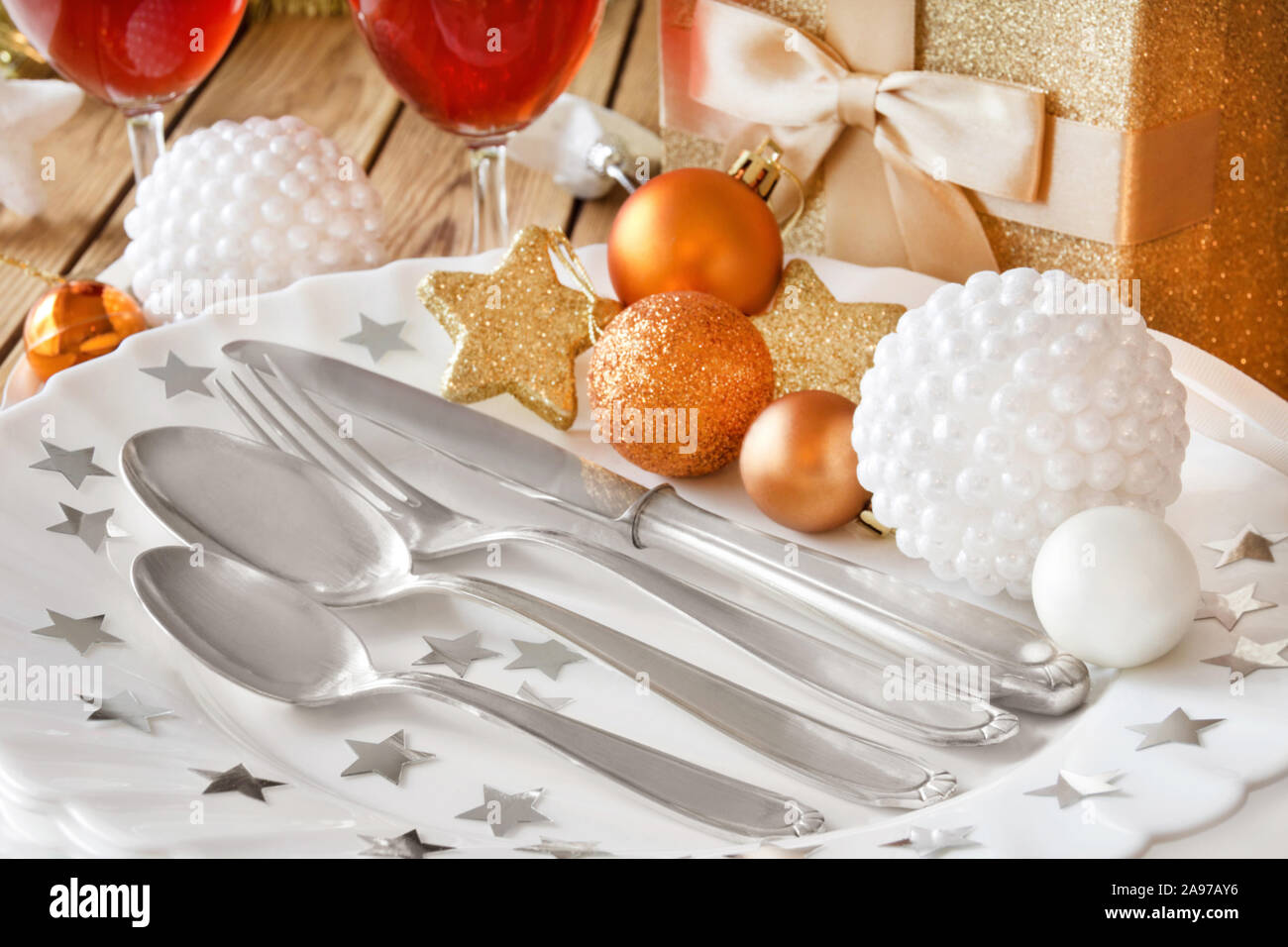 Christmas dinner table decotaion Stock Photo
