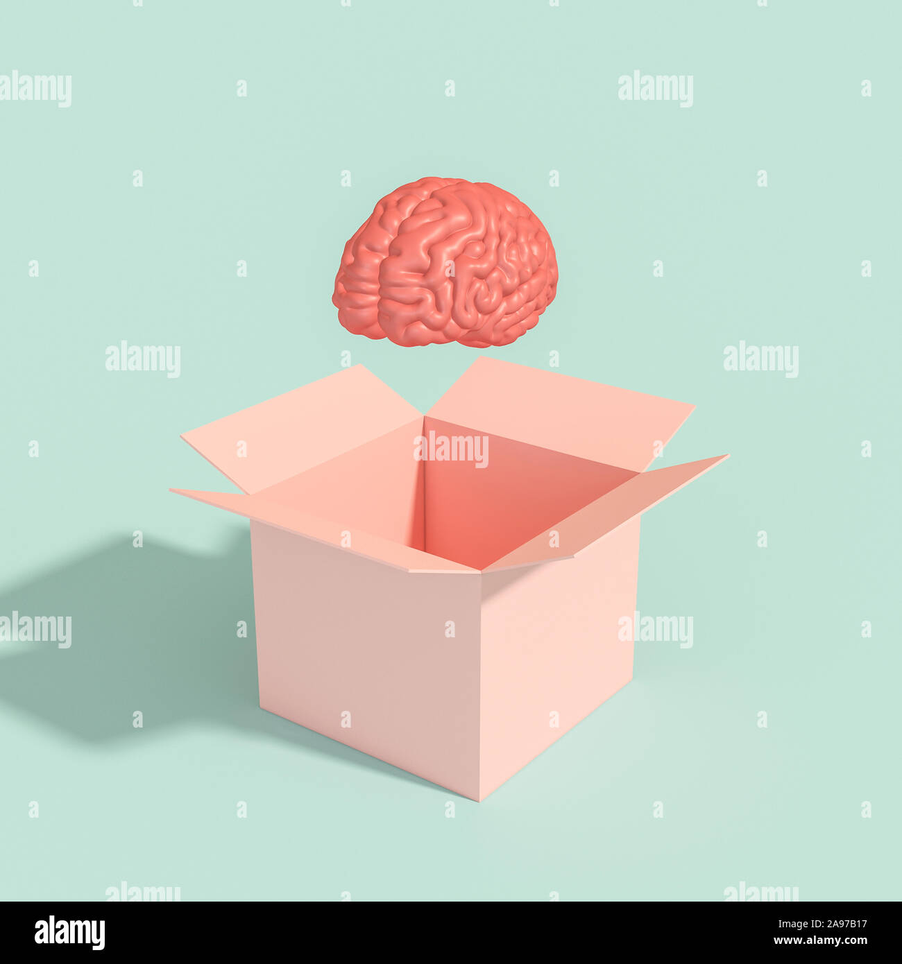 human brain coming out of a box. innovative and different thinking concept. 3d render. Stock Photo