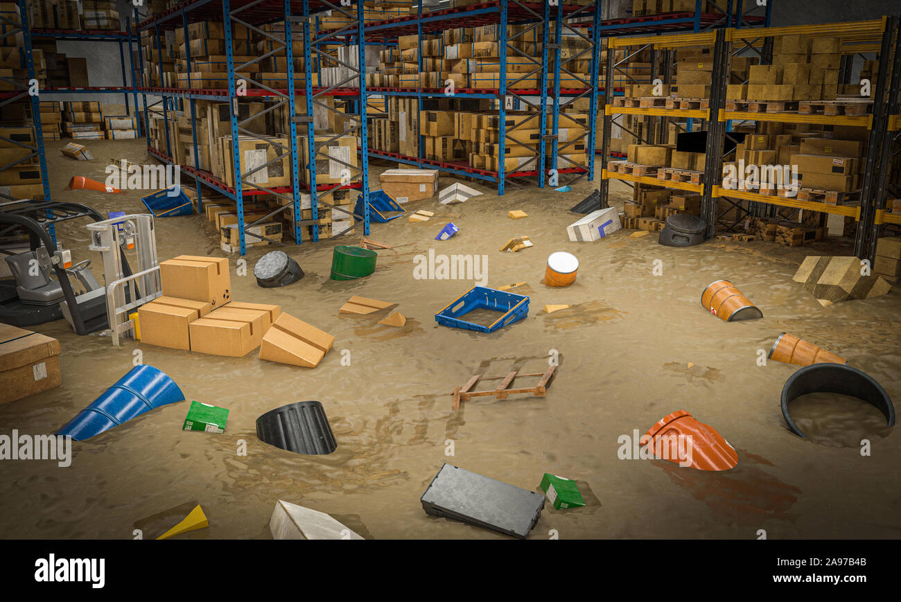 interior of a warehouse full of goods damaged by a flood of water and mud. 3d render image Stock Photo