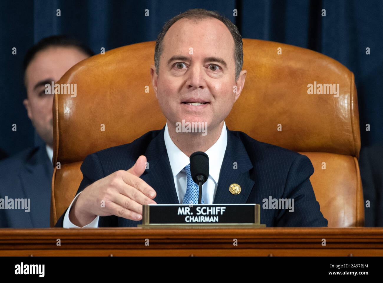 Washington, United States. 13th Nov, 2019. Chairman Adam Schiff, Democrat of California, speaks during the first public hearings held by the House Permanent Select Committee on Intelligence as part of the impeachment inquiry into US President Donald Trump, with witnesses Ukrainian Ambassador William Taylor and Deputy Assistant Secretary George Kent testifying, on Capitol Hill in Washington, DC, November 13, 2019. Credit: UPI/Alamy Live News Stock Photo