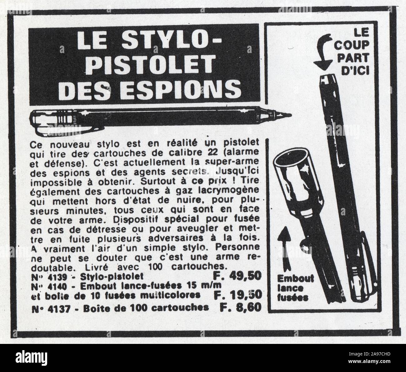 Publicité ancienne. Le stylo-pistolet des espions Stock Photo
