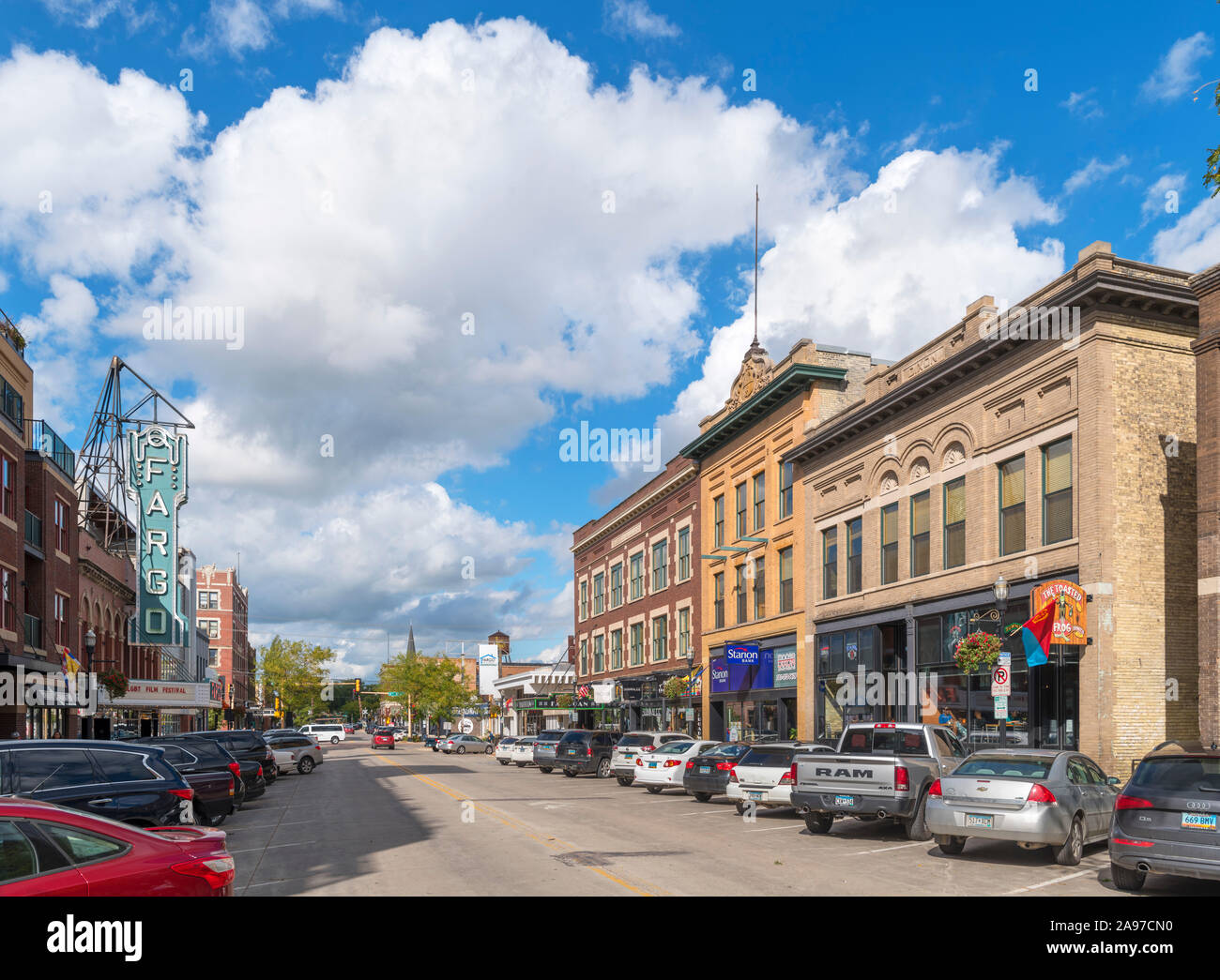 N Broadway Avenue in historic downtown Fargo, North Dakota, USA Stock
