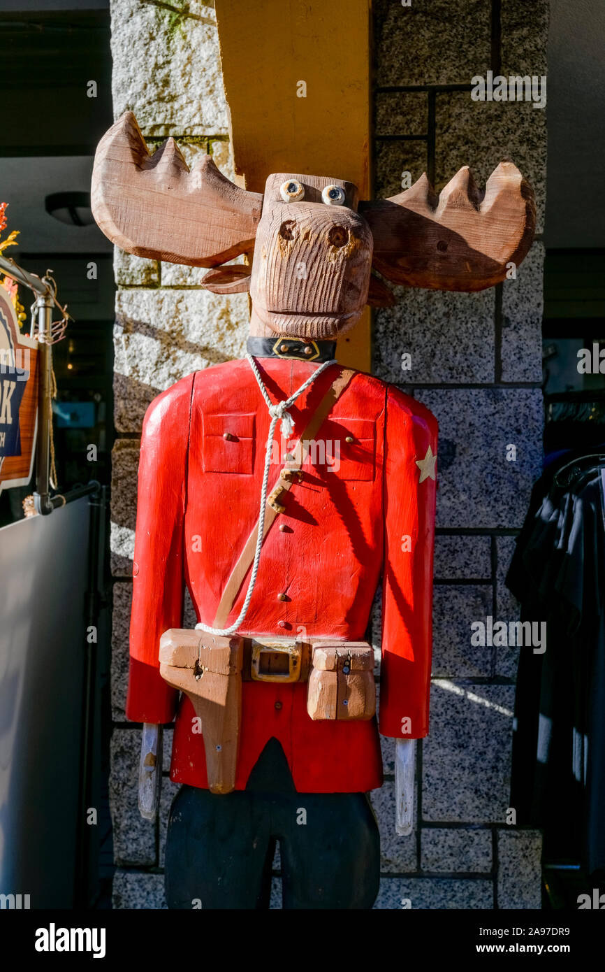 Mountie moose, outside shop, Whistler, British Columbia, Canada Stock Photo