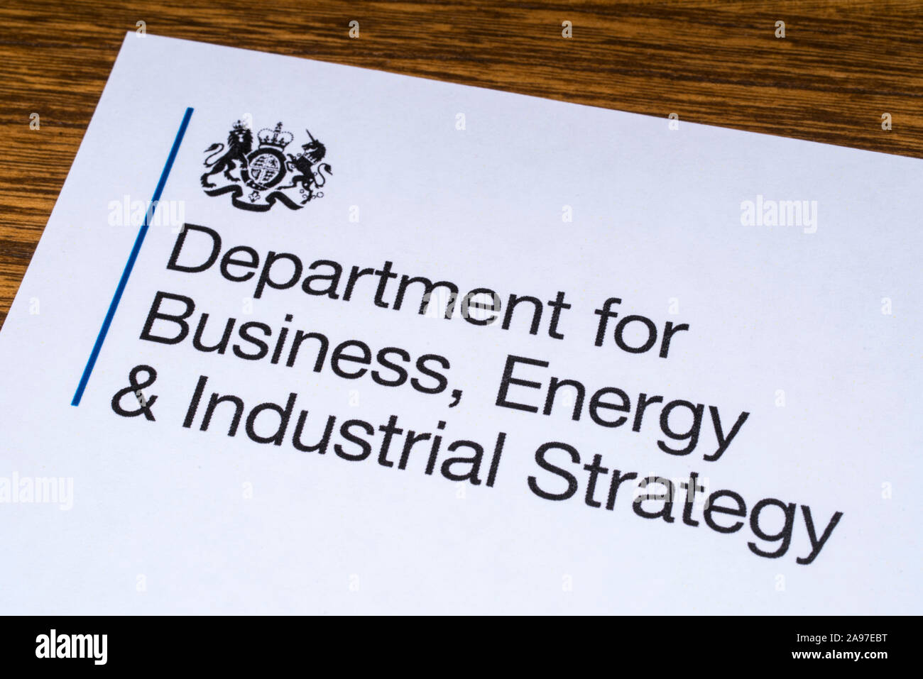 London, UK - March 12th 2019: Close-up of the logo for the Department for Business, Energy and Industrial Strategy, pictured on a piece of paper or le Stock Photo