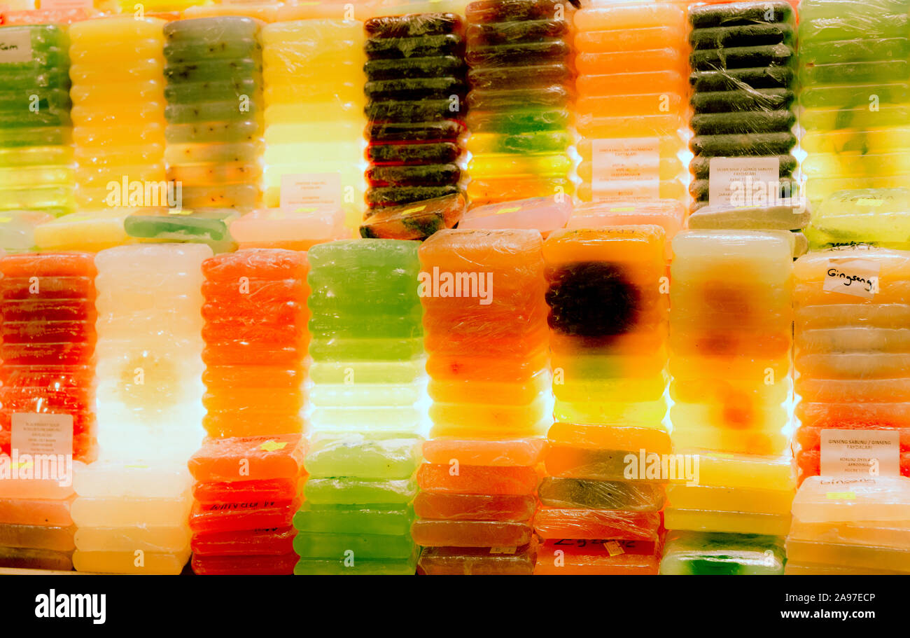 Back lit soaps of various colors fill the frame, at a shop's display at the Egyptian Bazaar of Istanbul. Stock Photo
