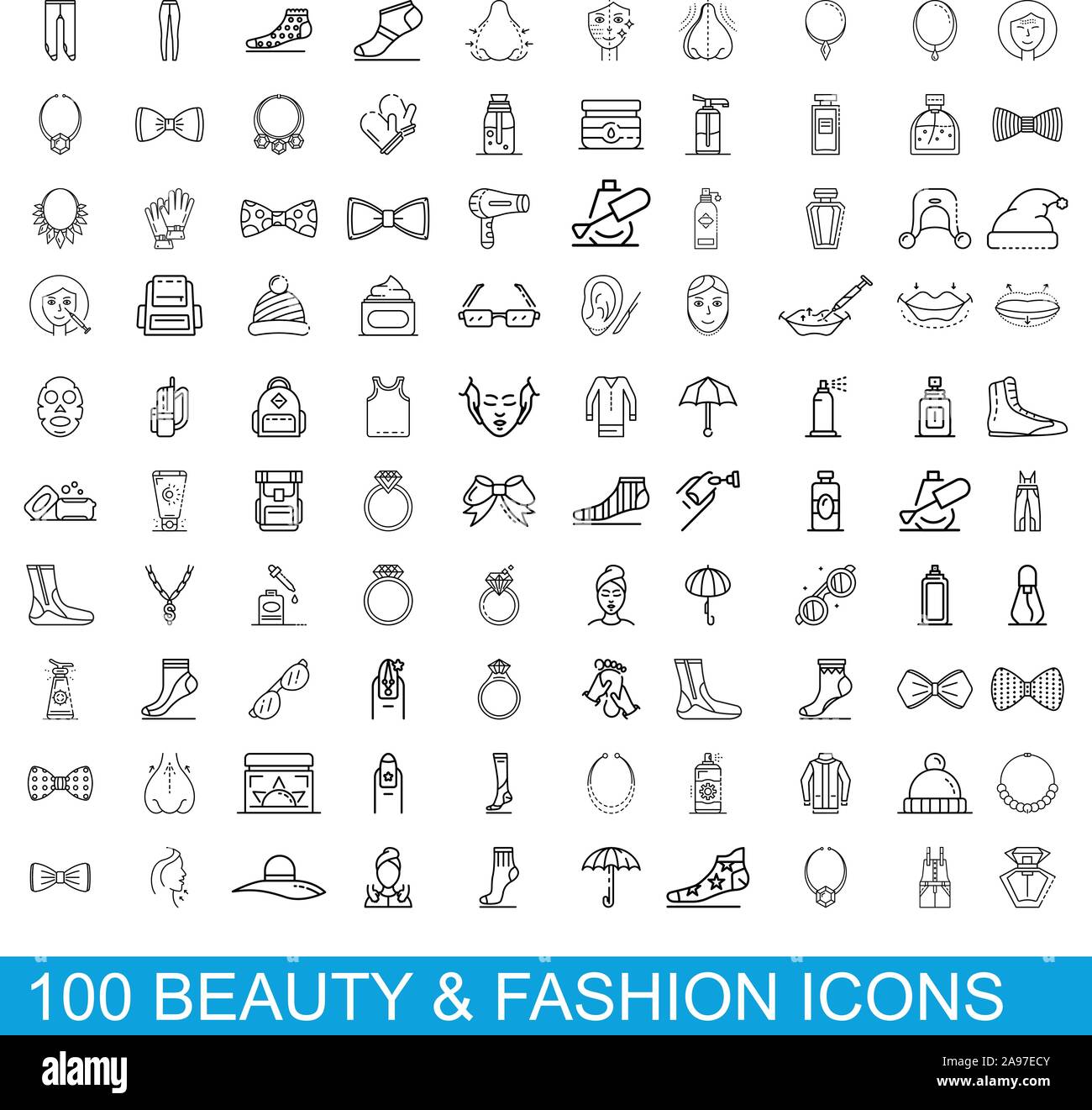 100 beauty and fashion icons set, outline style Stock Vector Image ...