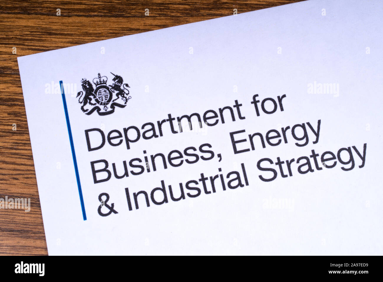 London, UK - March 12th 2019: Close-up of the logo for the Department for Business, Energy and Industrial Strategy, pictured on a piece of paper or le Stock Photo