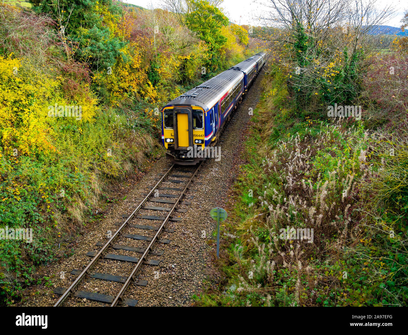 A north bound  four - car DMU Northern Rail train approaching Great Ayton station in the North Yorkshire Moors Stock Photo