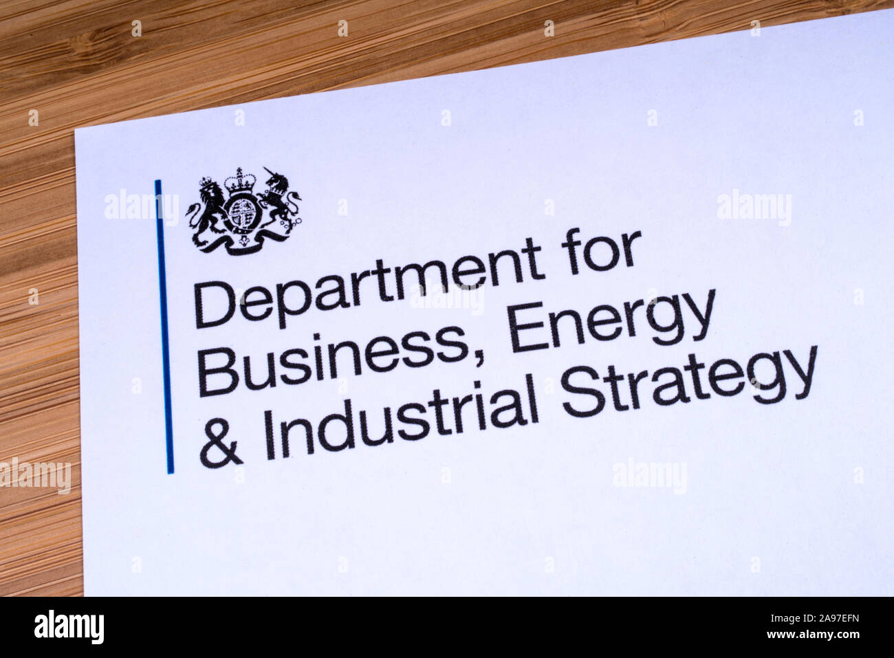 London, UK - March 12th 2019: Close-up of the logo for the Department for Business, Energy and Industrial Strategy, pictured on a piece of paper or le Stock Photo