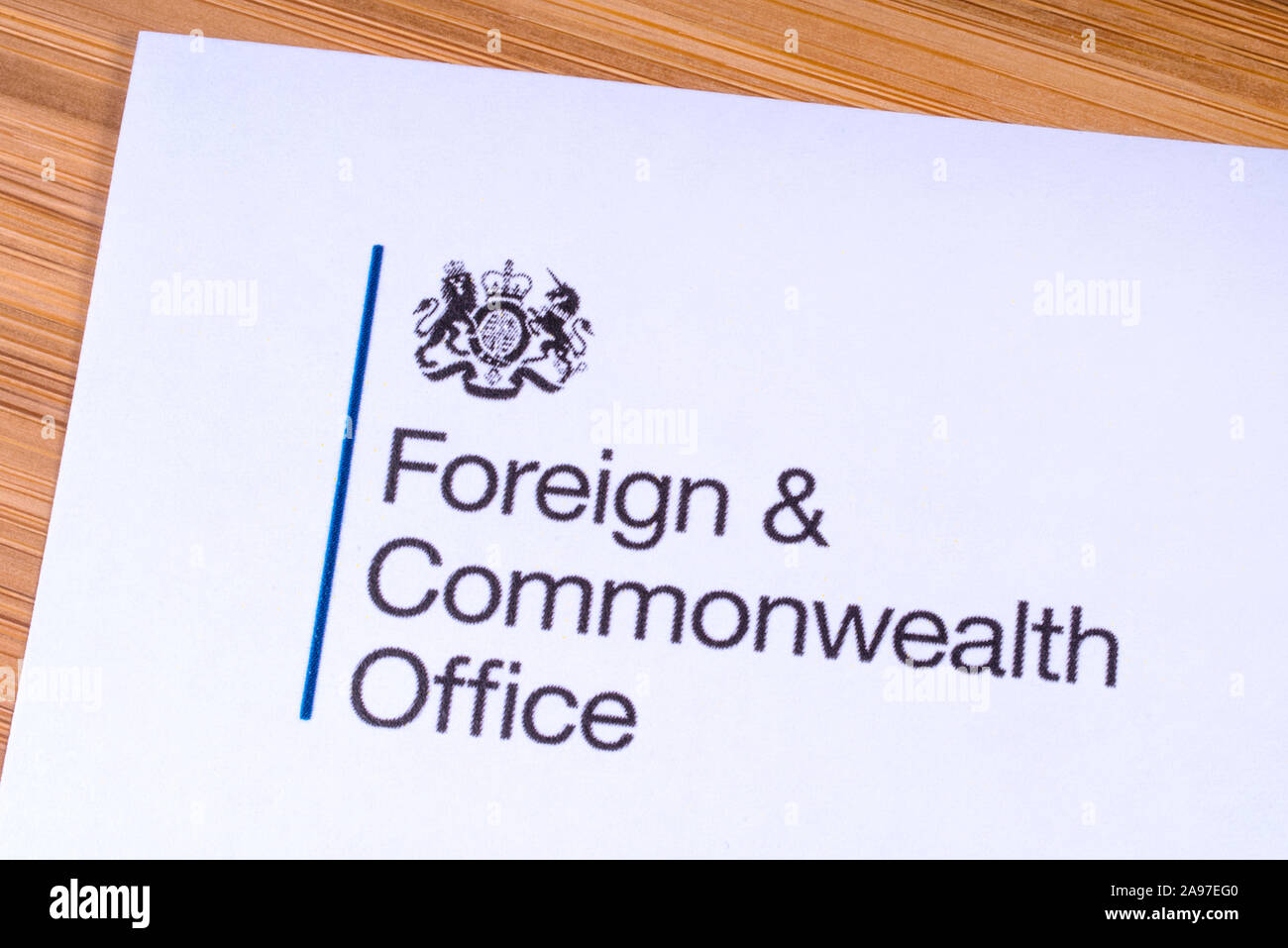 London, UK - March 12th 2019: Close-up of the logo for the Foreign and Commonwealth Office, pictured on a piece of paper or leaflet. The FCO is a depa Stock Photo