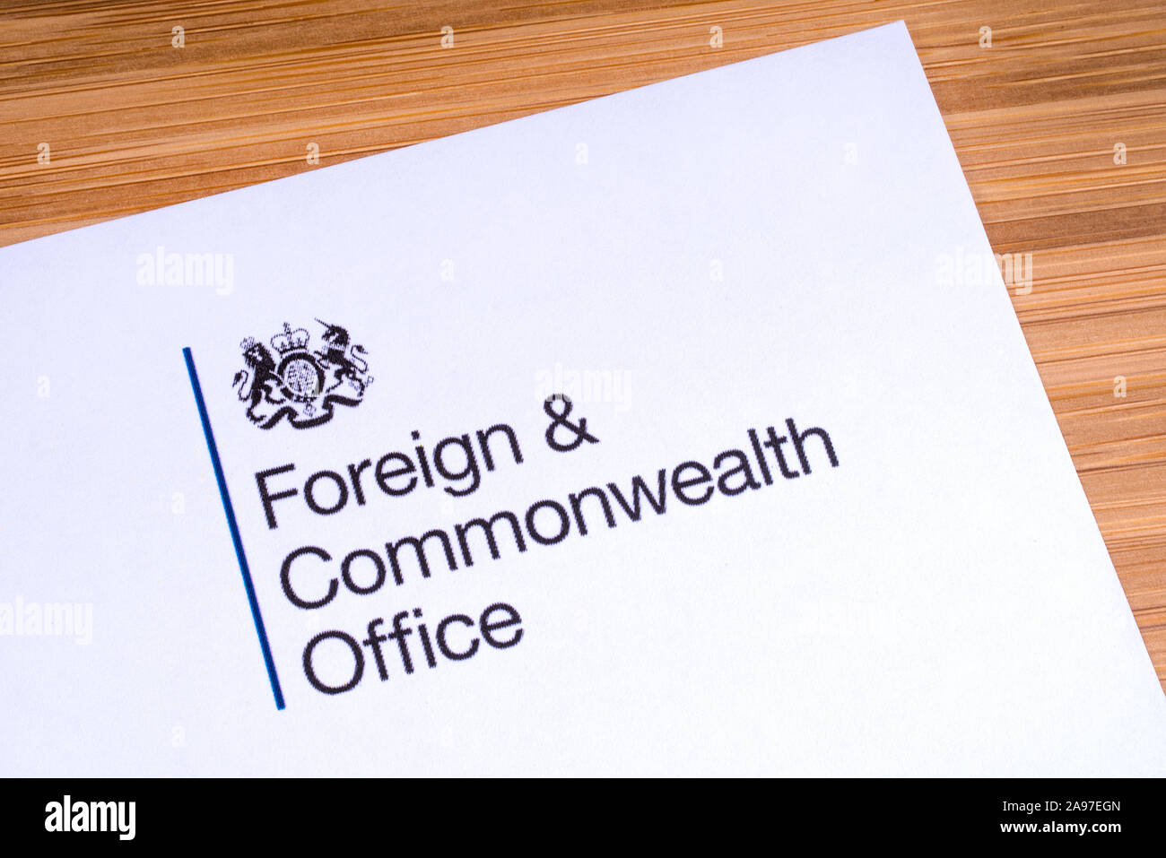 London, UK - March 12th 2019: Close-up of the logo for the Foreign and Commonwealth Office, pictured on a piece of paper or leaflet. The FCO is a depa Stock Photo