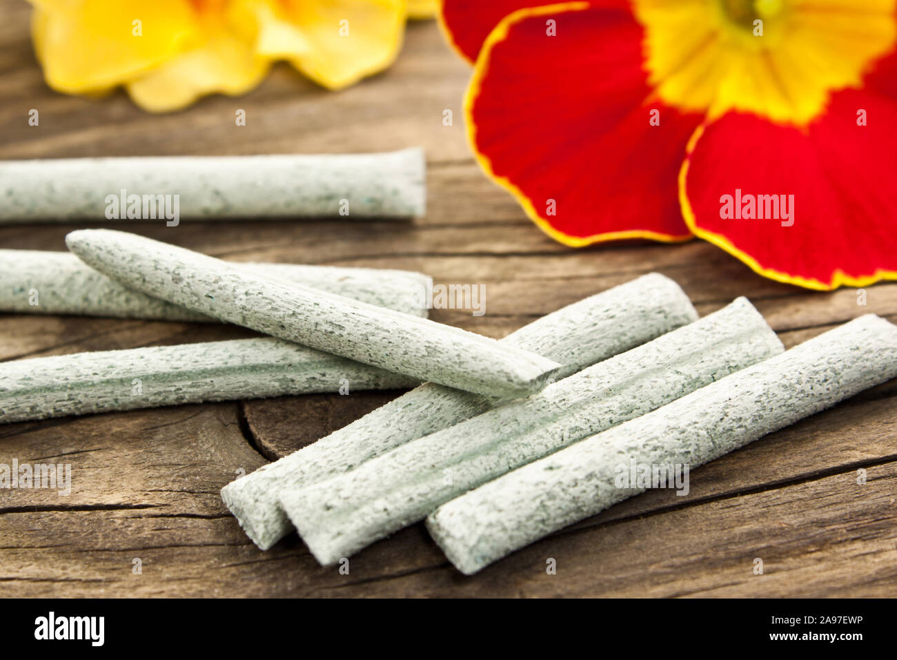Flowers and fertilizer sticks Stock Photo Alamy