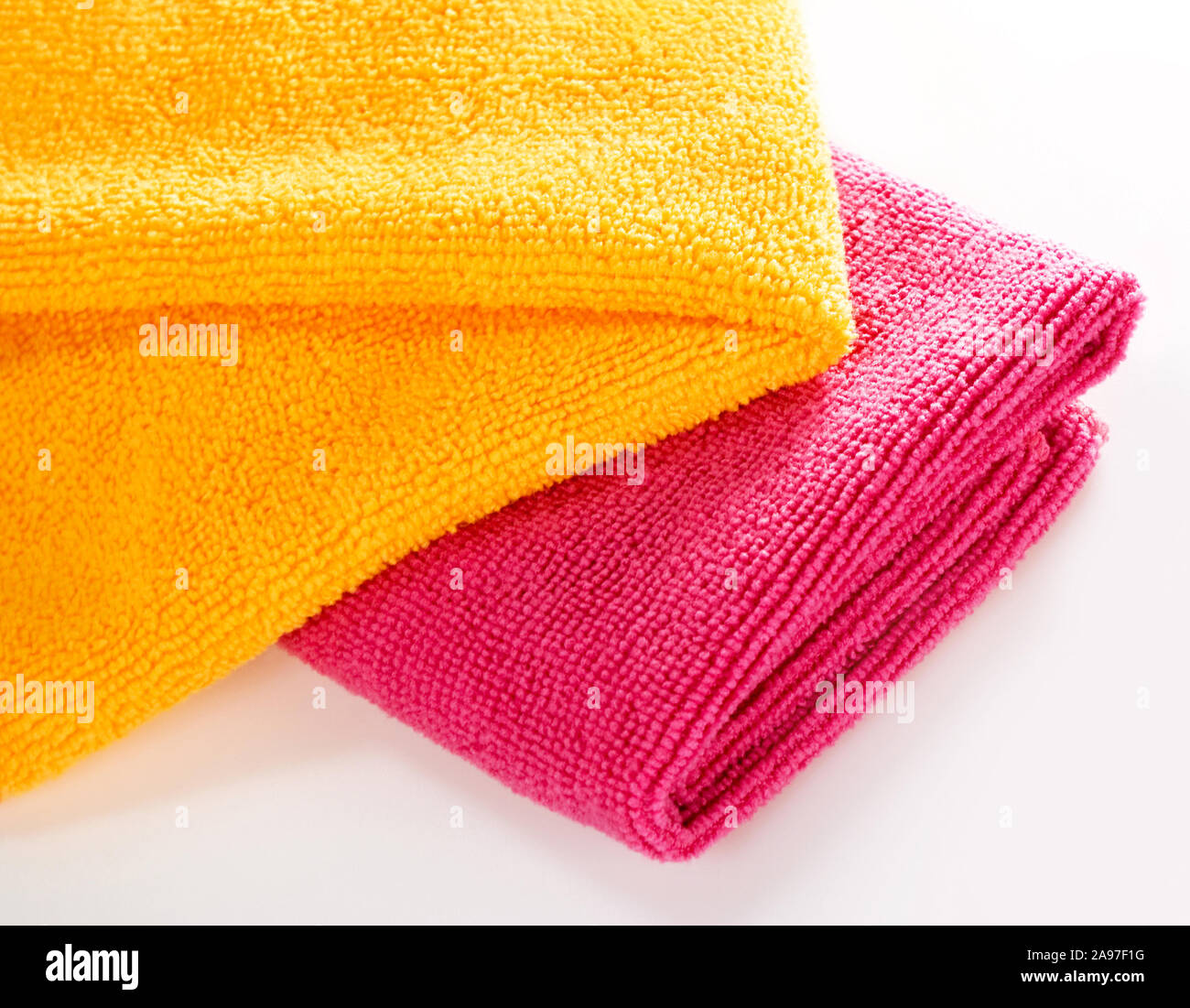 Two microfiber cleaning cloths against white background Stock Photo