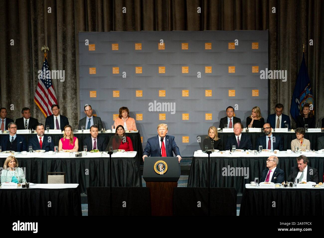 New York, United States of America. 12 November, 2019. U.S President Donald Trump delivers remarks to the Economic Club of New York at the New York Hilton Midtown November 12, 2019 in New York City, New York.  Credit: Shealah Craighead/White House Photo/Alamy Live News Stock Photo