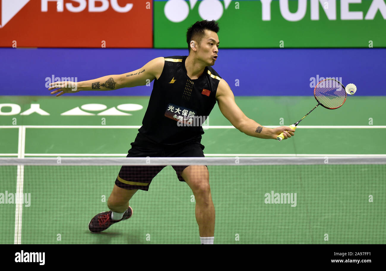 Hong Kong, China. 13th Nov, 2019. Lin Dan of China competes during the  men's singles 1st round match against Hans-Kristian Solberg Vittinghus of  Denmark at the BWF Hong Kong Open 2019 badminton