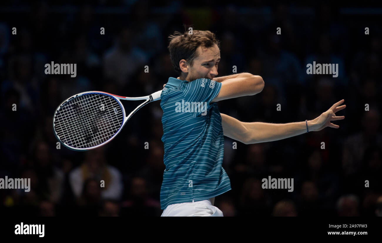 O2, London, UK. 13th November 2019. In a thrilling Nitto ATP Finals afternoon singles match, Rafael Nadal (ESP) (1) comes from behind to beat Daniil Medvedev (RUS) (4), 6-7, 6-3, 7-6. Credit: Malcolm Park/Alamy Live News. Stock Photo
