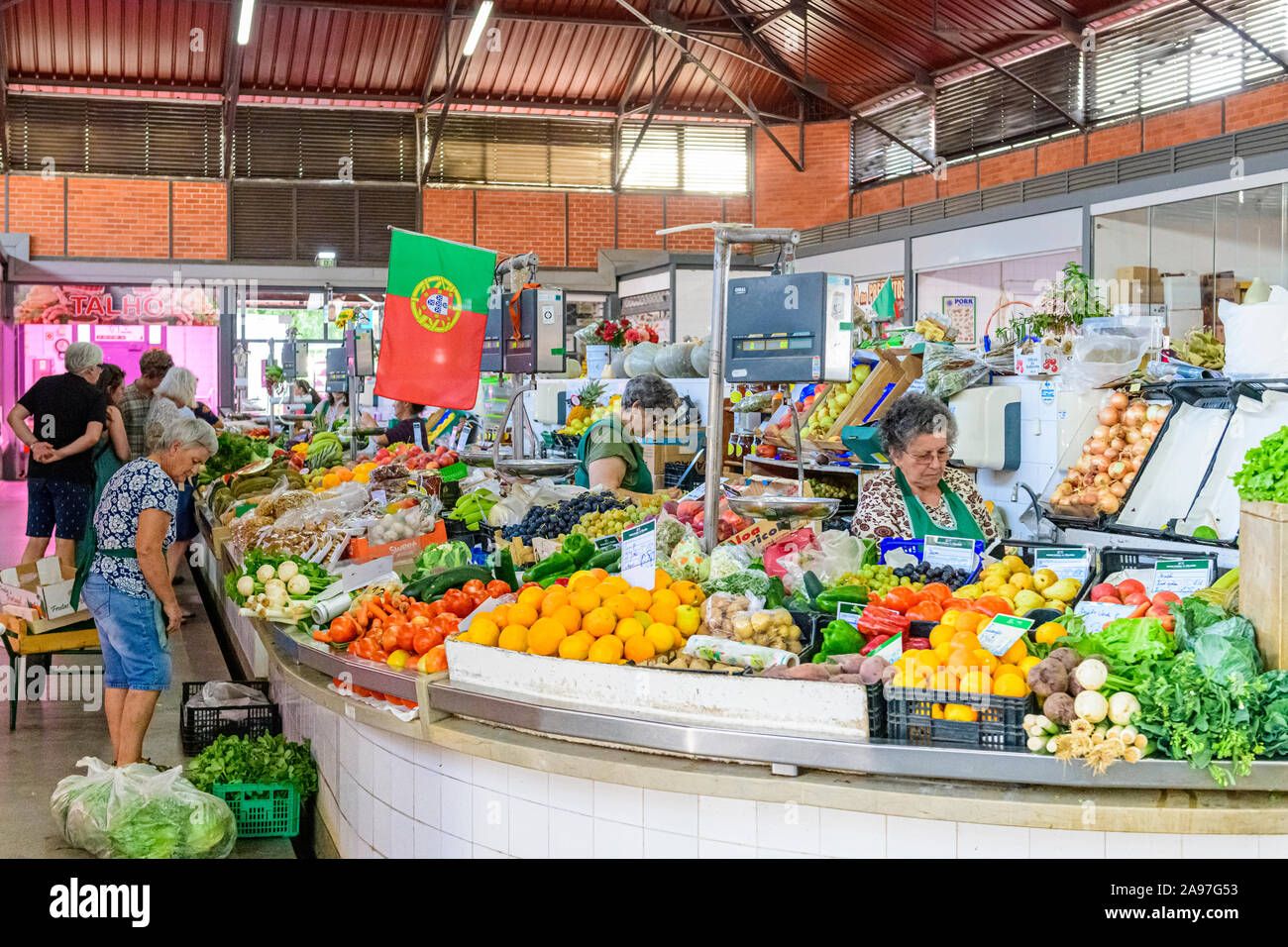 Fresh fruit and vegetables for sale in the Olhao produce market, Olhao Algarve, Portugal. Stock Photo