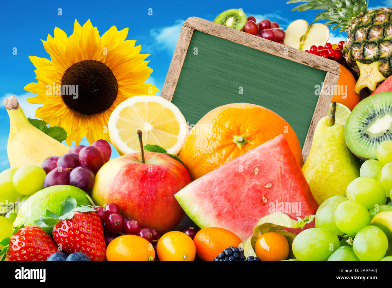 Fruits and sunflower with label Stock Photo