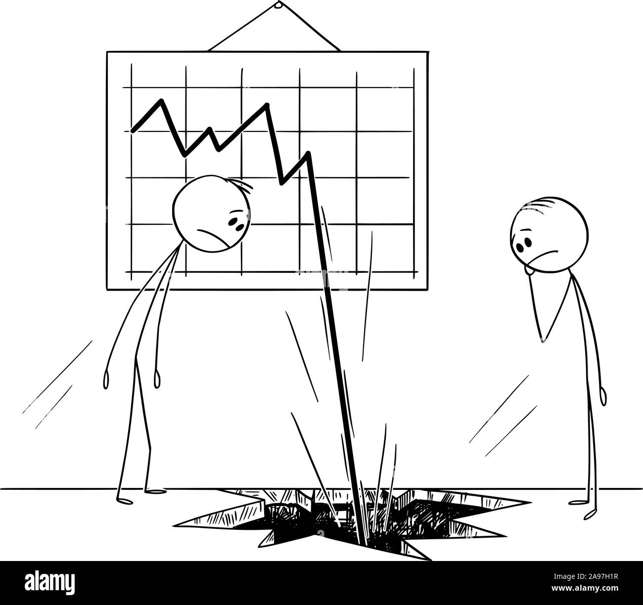 Vector cartoon stick figure drawing conceptual illustration of two businessmen watching frustrated the business chart or graph falling down, and knocking a hole in the ground or floor. Stock Vector