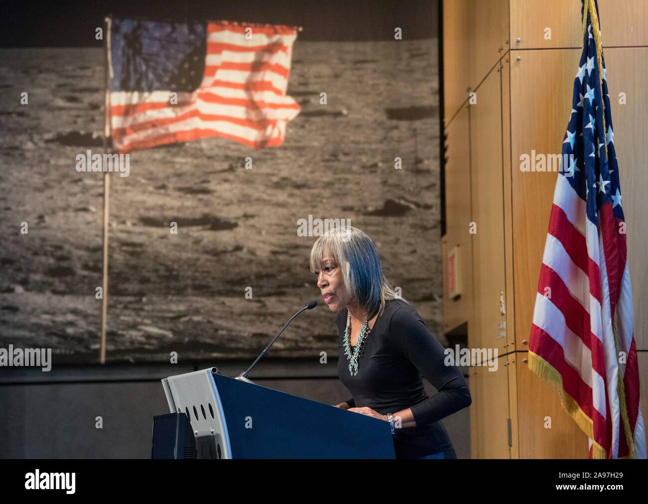 Dr. Phoebe Farris, Powhatan-Pamunkey Tribe, NASA Science Mission Directorate, speaks at a naming ceremony for 2014 MU69, a celestial body discovered by the New Horizons mission and Hubble Space Telescope, at NASA Headquarters November 12, 2019 in Washington, DC. The new name, Arrokoth, means sky in the Algonquian Languages, spoken by the Powhatan tribes. Stock Photo