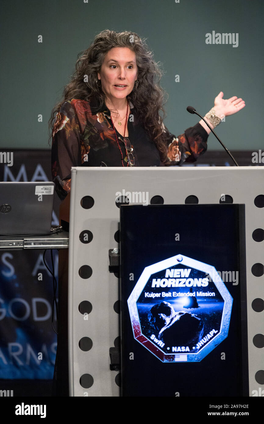 Daniella Scalice, with the American Indian / Alaska Native working group, NASA Science Mission Directorate, speaks at a naming ceremony for 2014 MU69, a celestial body discovered by the New Horizons mission and Hubble Space Telescope, at NASA Headquarters November 12, 2019 in Washington, DC. The new name, Arrokoth, means sky in the Algonquian Languages, spoken by the Powhatan tribes. Stock Photo