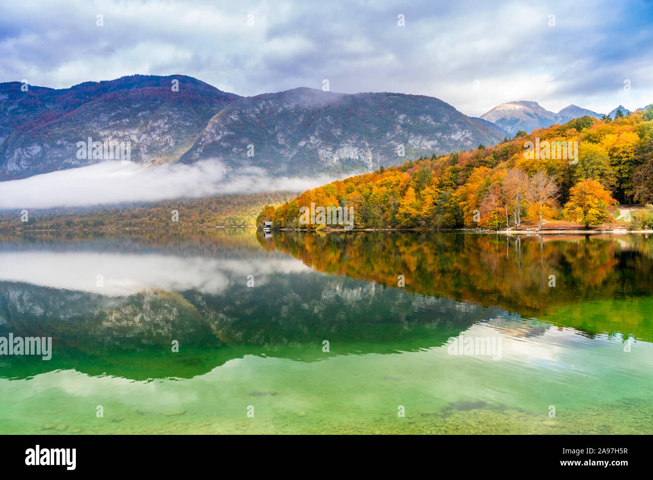 Lake Bohinj with fall foliage color, Slovenia, Europe. Stock Photo