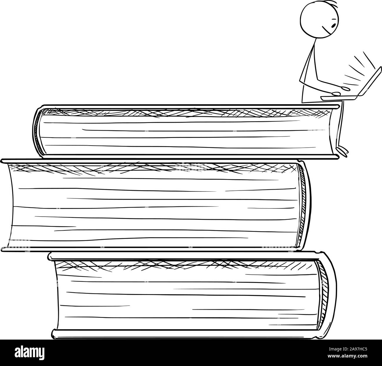 Vector cartoon stick figure drawing conceptual illustration of man sending on pile of big books and working or studying online on Internet on computer. Stock Vector