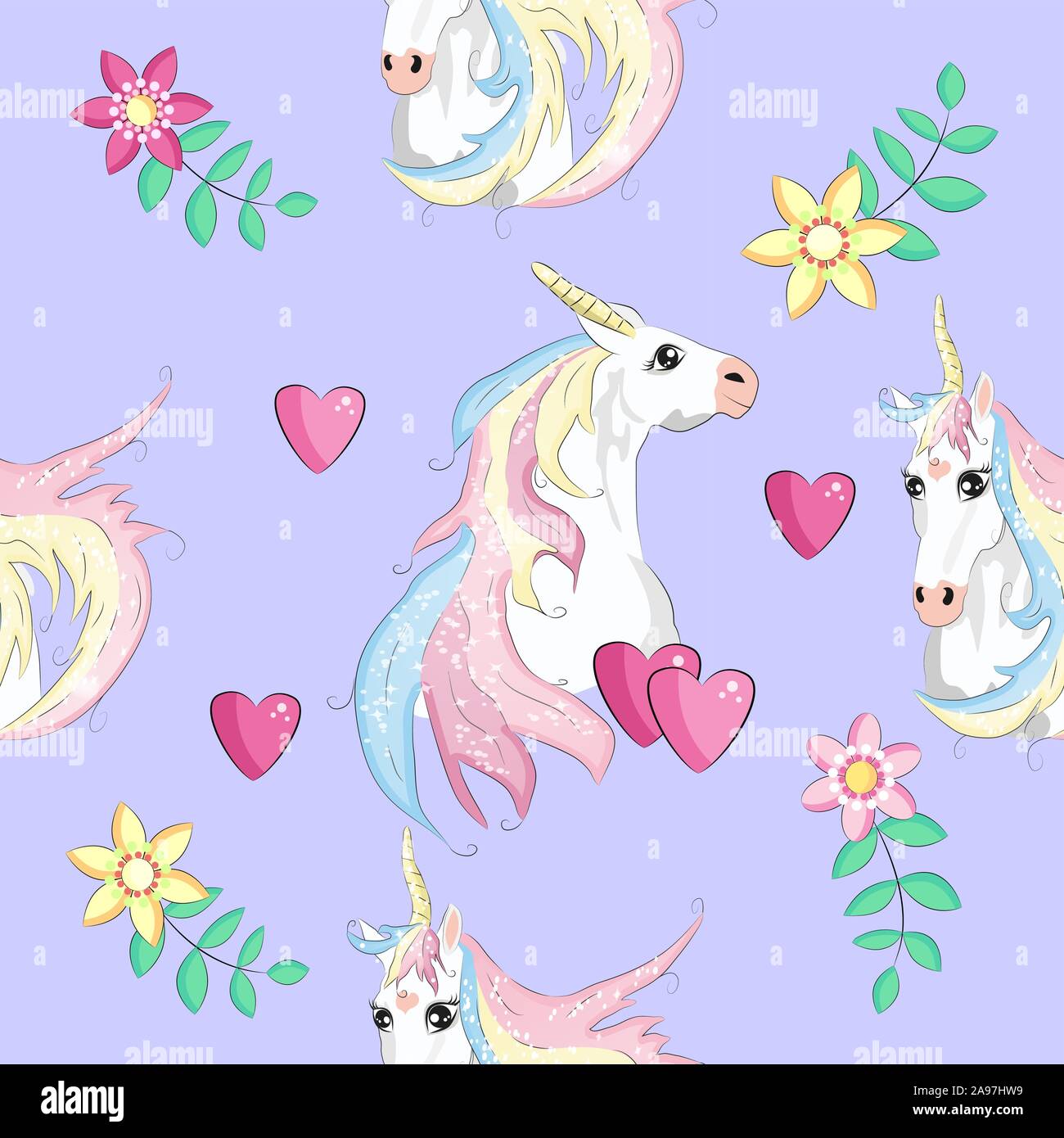 Seamless pattern with cute unicorns, clouds,rainbow and stars. Magic ...