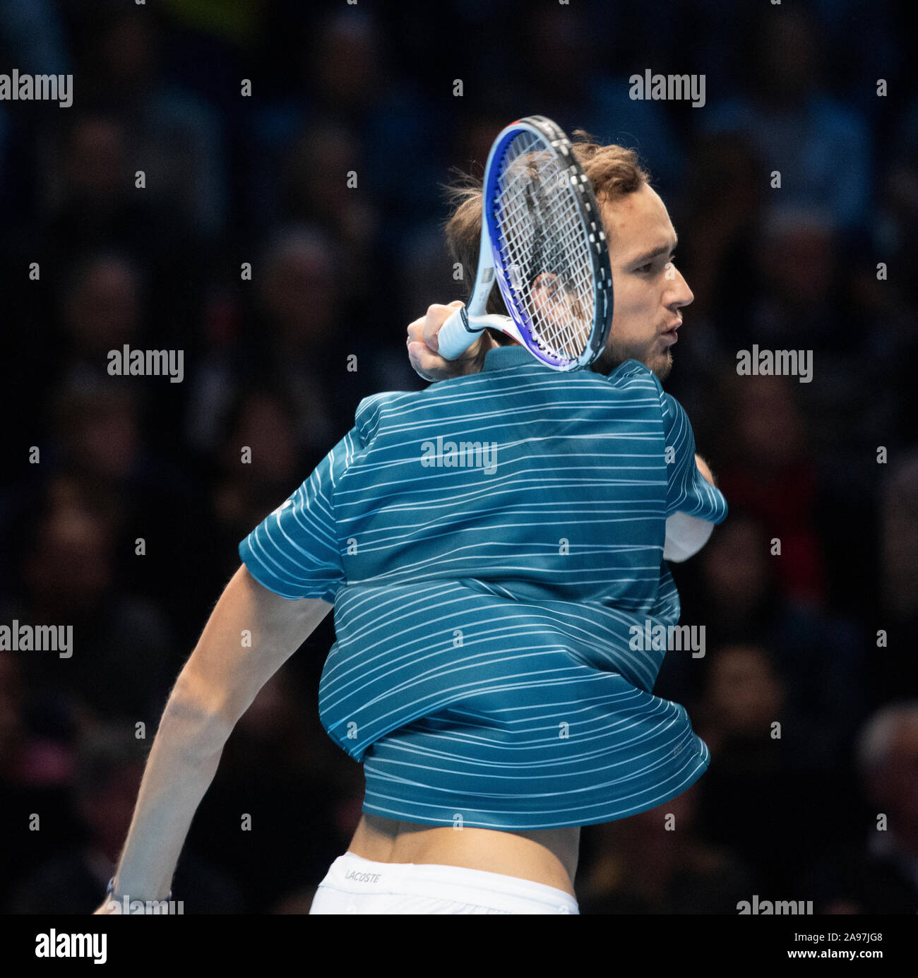 O2, London, UK. 13th November 2019. In a thrilling Nitto ATP Finals afternoon singles match, Rafael Nadal (ESP) (1) comes from behind to beat Daniil Medvedev (RUS) (4), 6-7, 6-3, 7-6. Credit: Malcolm Park/Alamy Live News. Stock Photo