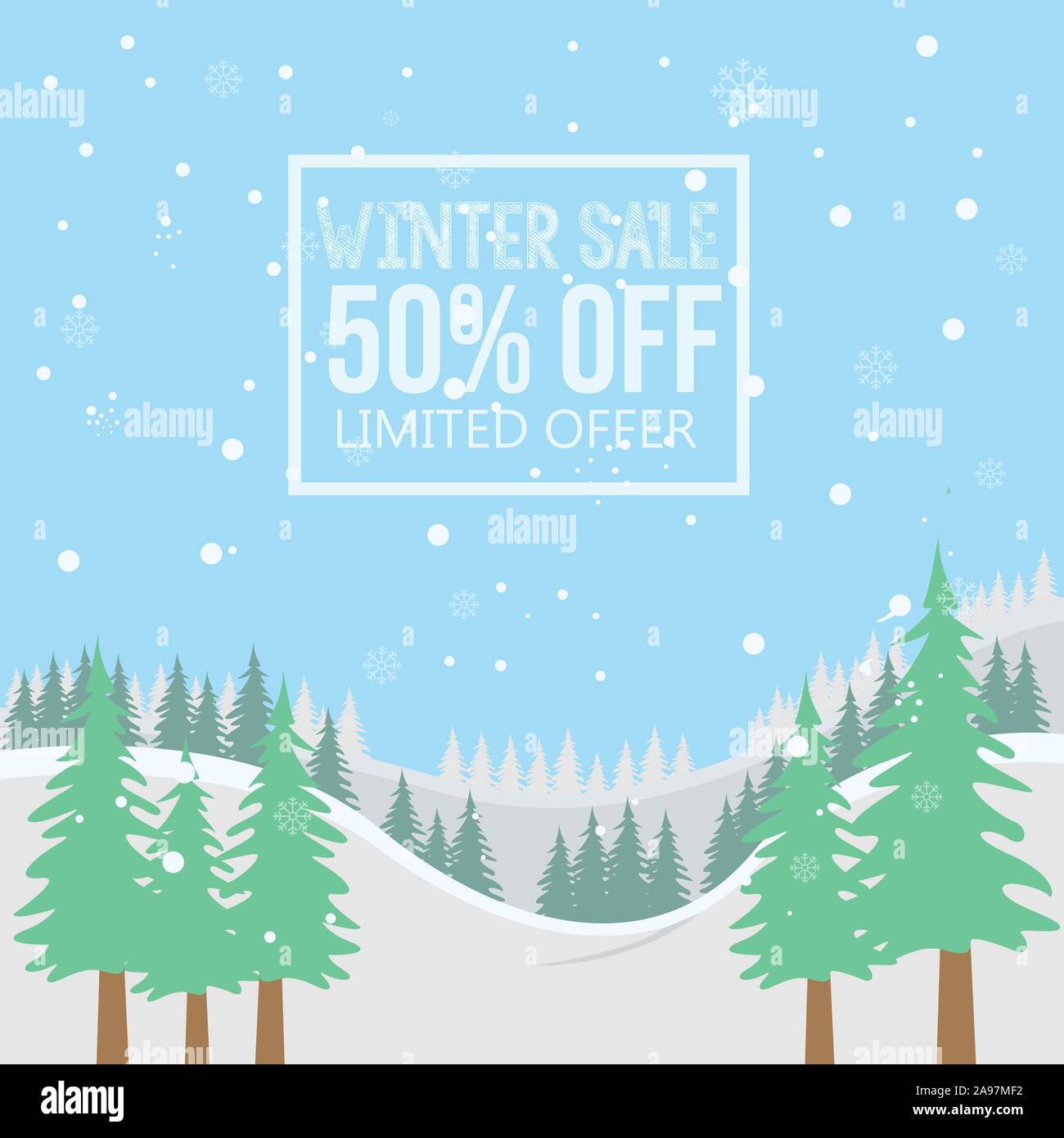 50 percent winter sale background. Winter sale landscape background with snowballs and snow Stock Vector