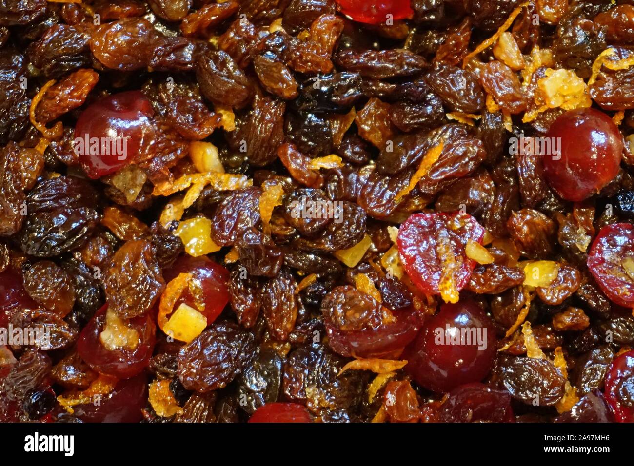A close up of dried fruit soaked in sherry, to make a Christmas cake Stock Photo