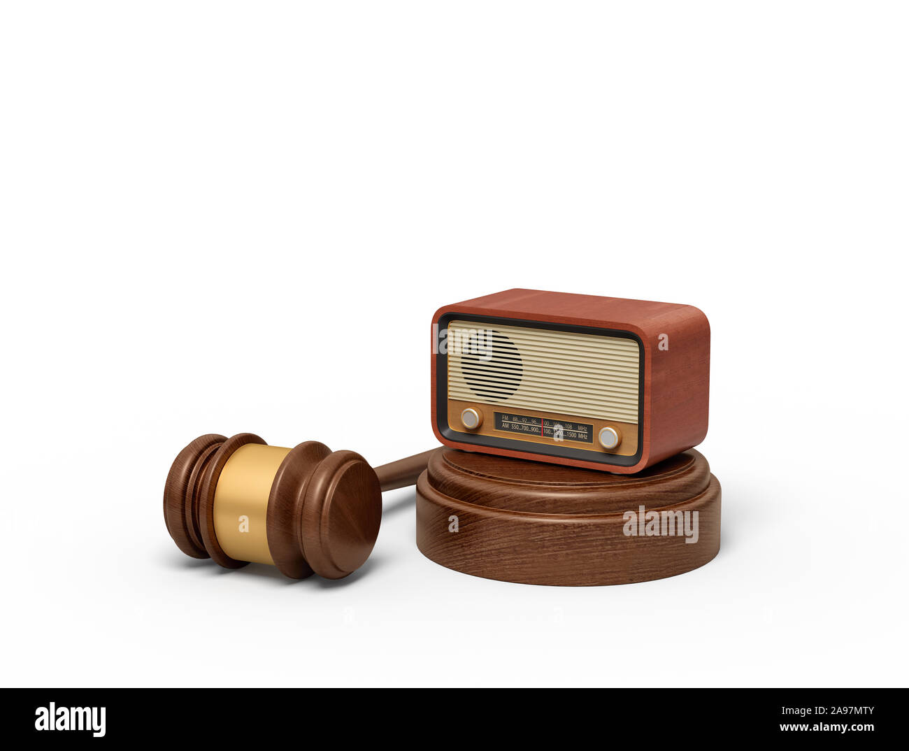 3d rendering of retro radio set on sounding block with brown gavel lying beside. Stock Photo
