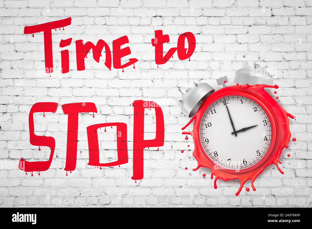 3d rendering of melting red alarm clock smashed into white brick wall with title 'Time to STOP'. Stock Photo