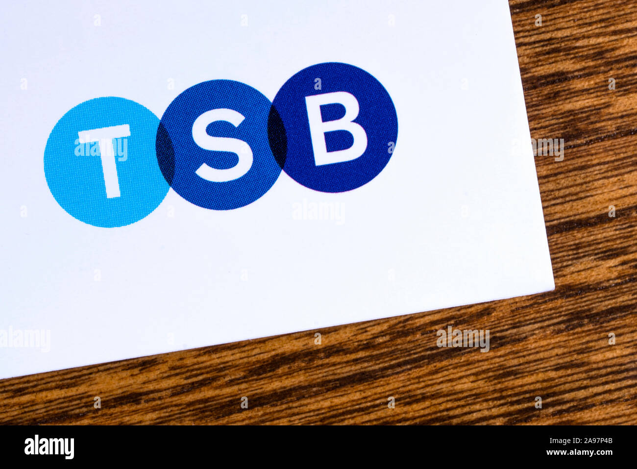 London, UK - March 7th 2019: The logo for TSB bank pictured on the corner of an information leaflet. Stock Photo
