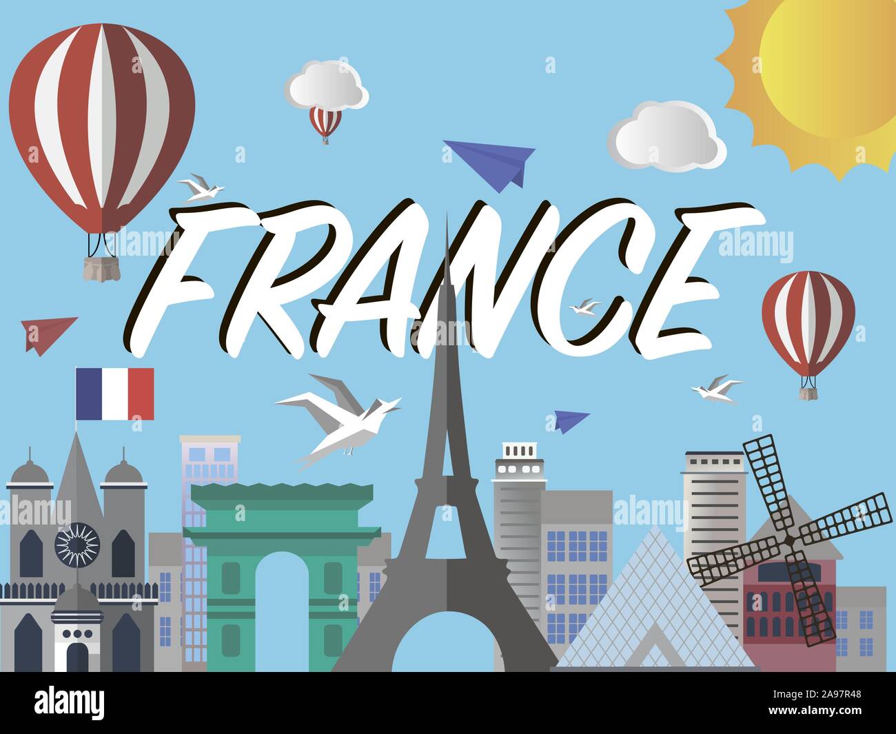 France country city detailed skyline, craft vector illustration. Colorful art, travel places theme cityscape, landscape, tourism background cards, pos Stock Vector
