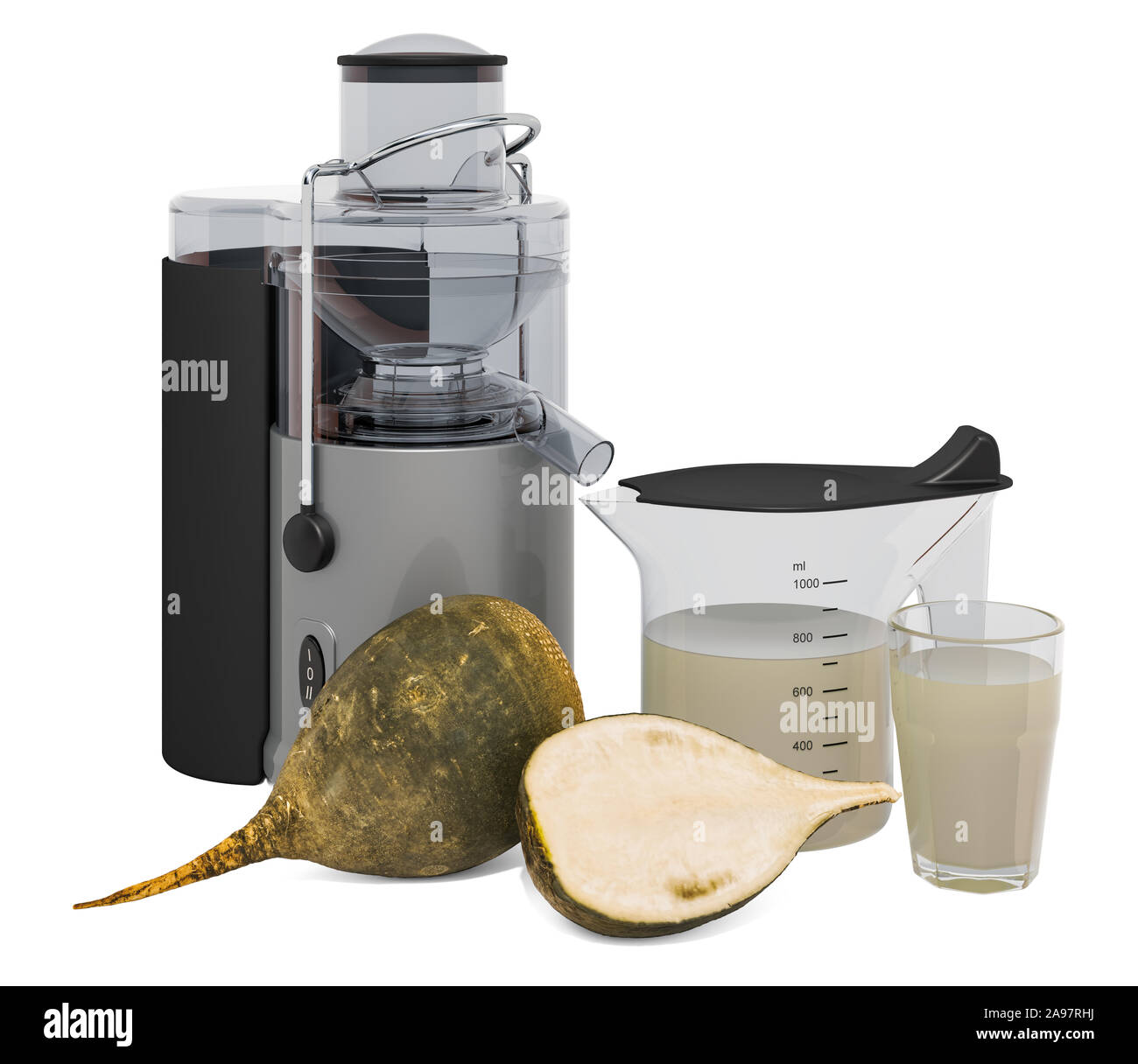 Radish juice with electric juicer, 3D rendering isolated on white