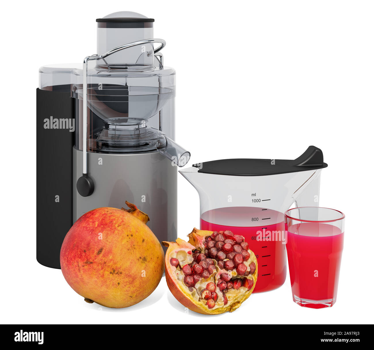 Pomegranate juice with electric juicer, 3D rendering isolated on white  background Stock Photo - Alamy