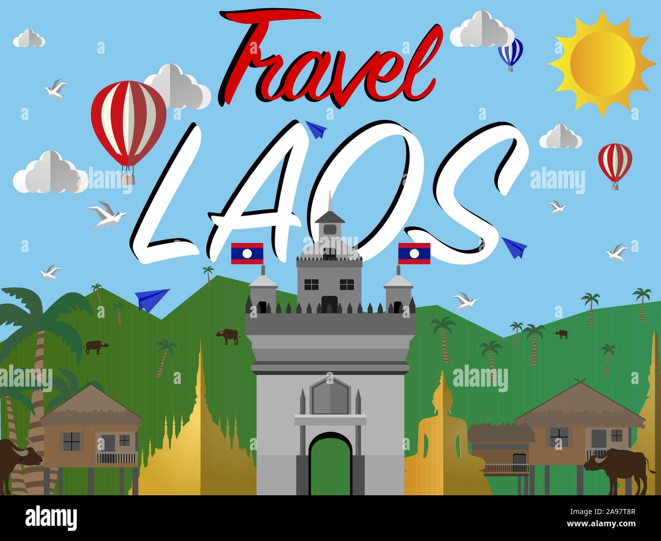 Laos Luang Prabang country city skyline with flag, vector illustration. Colorful art, travel world place cityscape, landscape, beautiful tourism backg Stock Vector