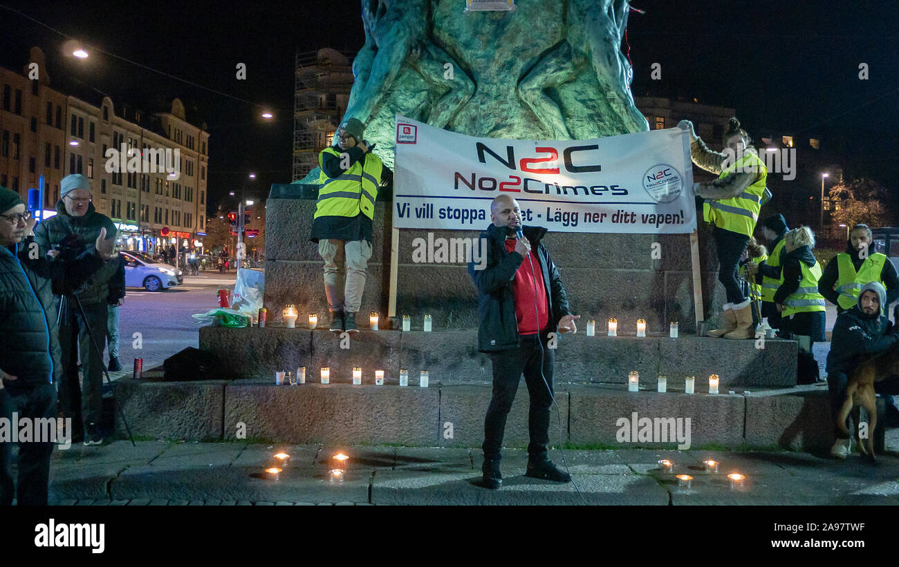 Malmö, Sweden. 13th of November, 2019. Hundreds of citizens of different nationalities gathered at Möllevangstorget square to protest against violence after the dead of a 15 year old boy who was killed after gunmen opened fire in that same square last Saturday.  Credit: Lora Grigorova Credit: Lora Grigorova/Alamy Live News Stock Photo