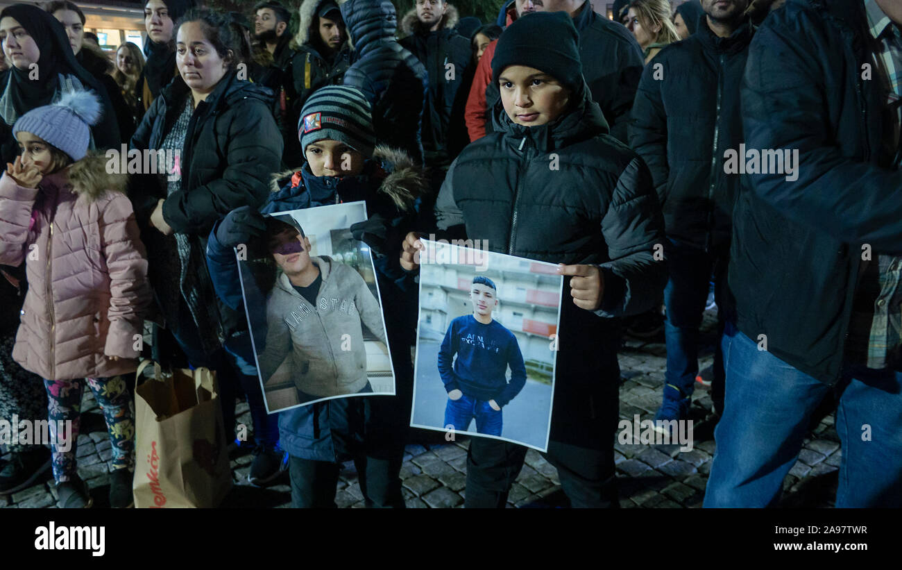 Malmö, Sweden. 13th of November, 2019. Hundreds of citizens of different nationalities gathered at Möllevangstorget square to protest against violence after the dead of a 15 year old boy who was killed after gunmen opened fire in that same square last Saturday.  Credit: Lora Grigorova Credit: Lora Grigorova/Alamy Live News Stock Photo