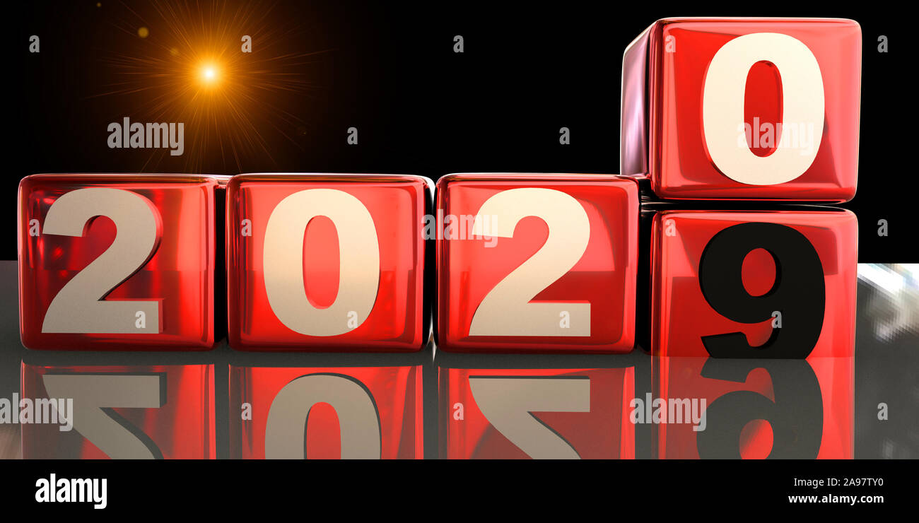 2020 red cubes in xmas pushing 2019  night  - 3d rendering Stock Photo