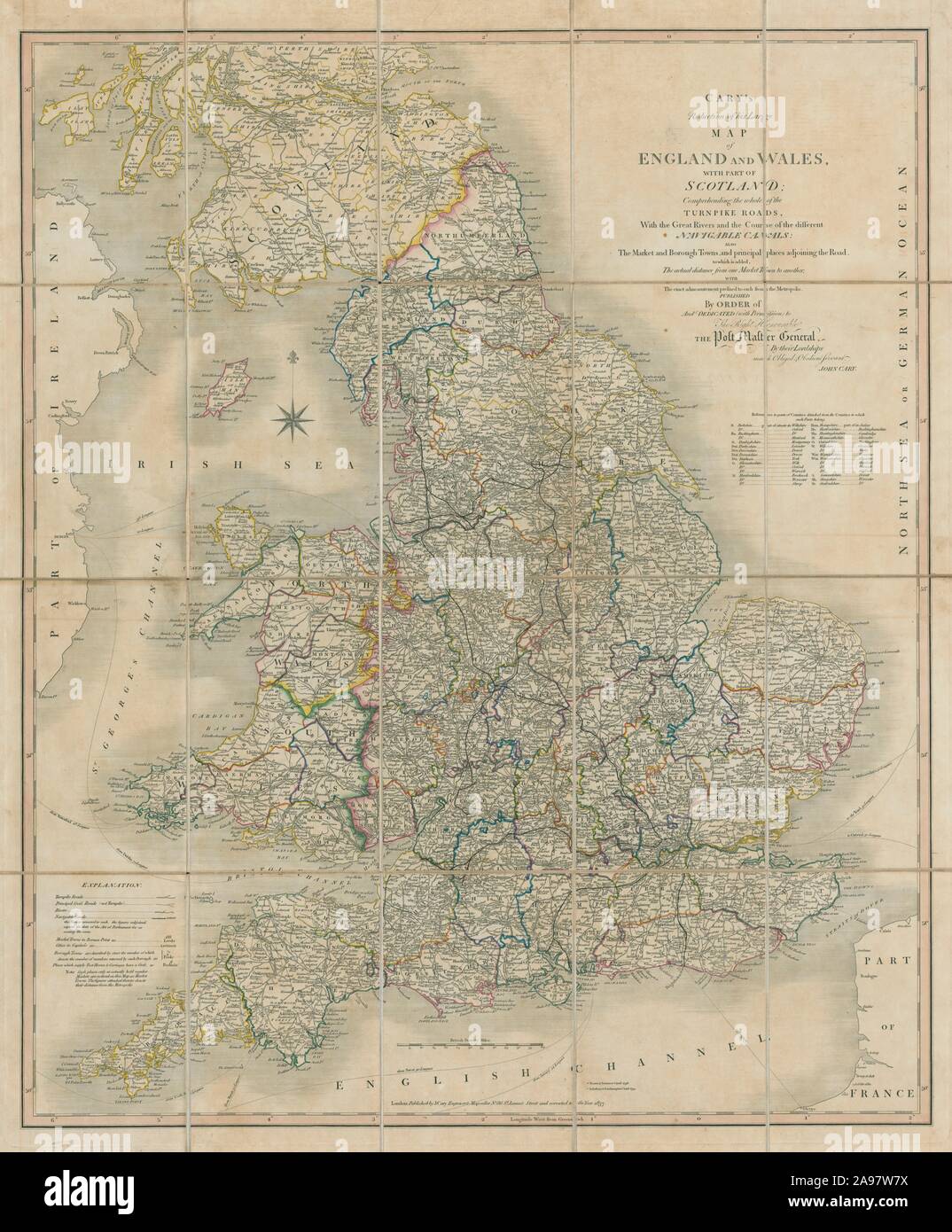 'Cary's reduction of his large map of England & Wales'. Turnpikes canals &c 1837 Stock Photo