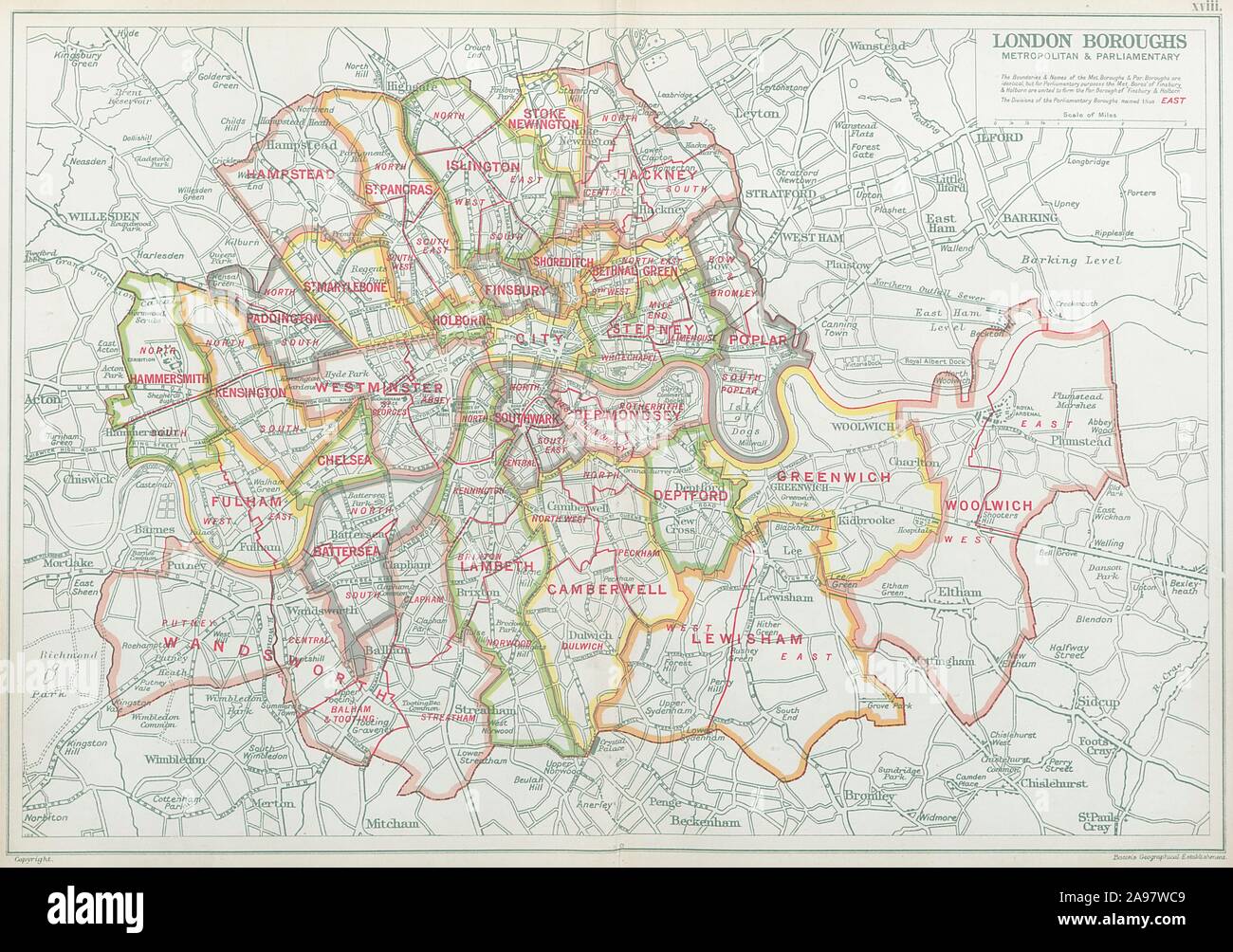 LONDON BOROUGHS. Metropolitan &amp; Parliamentary. Consistiuencies. BACON 1920 map Stock Photo - Alamy