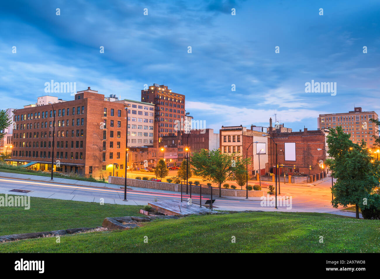 Youngstown, Ohio, USA downtown road and townscape at twilight Stock