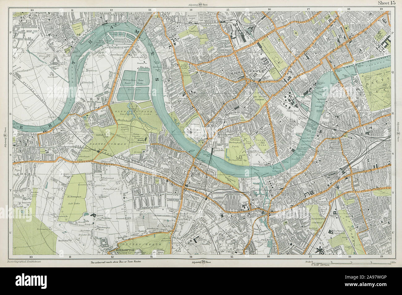 LONDON Chiswick Barnes Fulham Chelsea Putney Wandsworth Clapham. BACON  1920 map Stock Photo