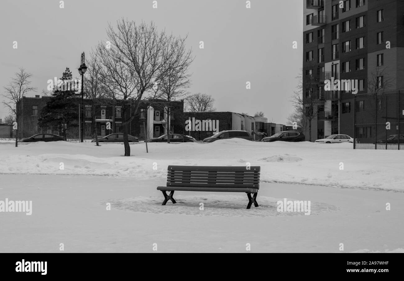 Isolated bench with black and white snow in town Stock Photo