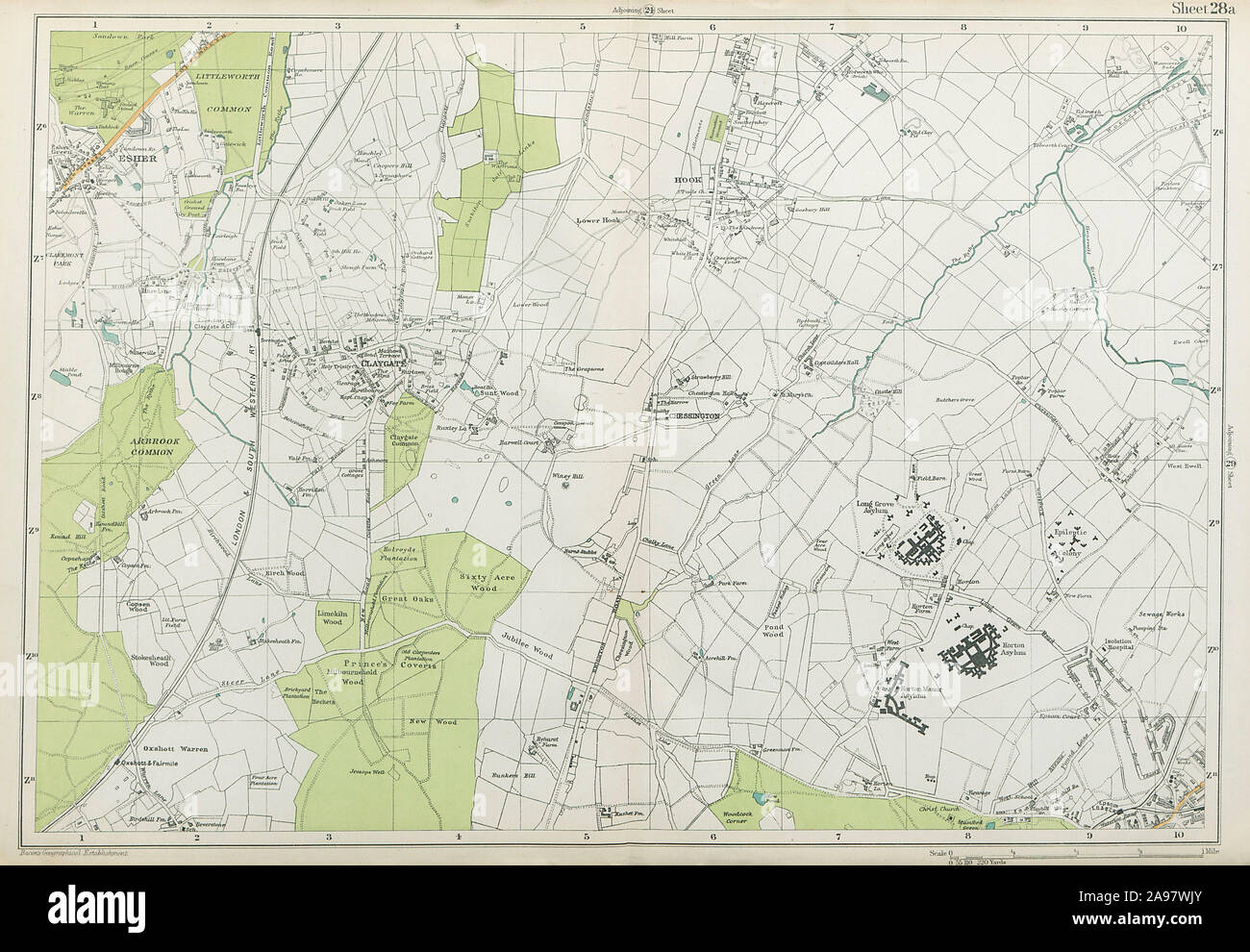 ESHER/EWELL Epsom Claygate Oxshott Hook Chessington Hinchley Wood.BACON 1920 map Stock Photo